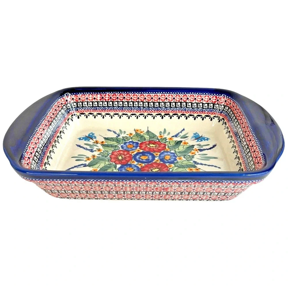 Unikat Spring Splendor Polish Pottery Rectangle Baker with Handles Signed Floral